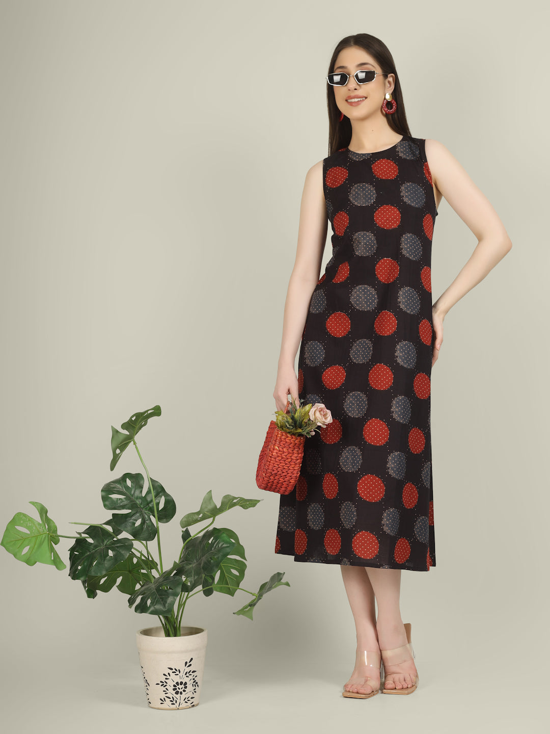 Black Printed Sleeveless A-Line Cotton Dress