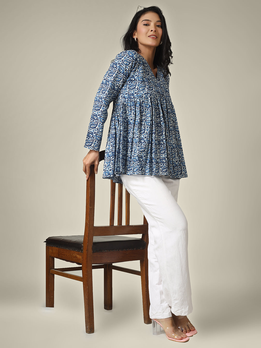 Blue Printed Alia-Cut Cotton Peplum Top