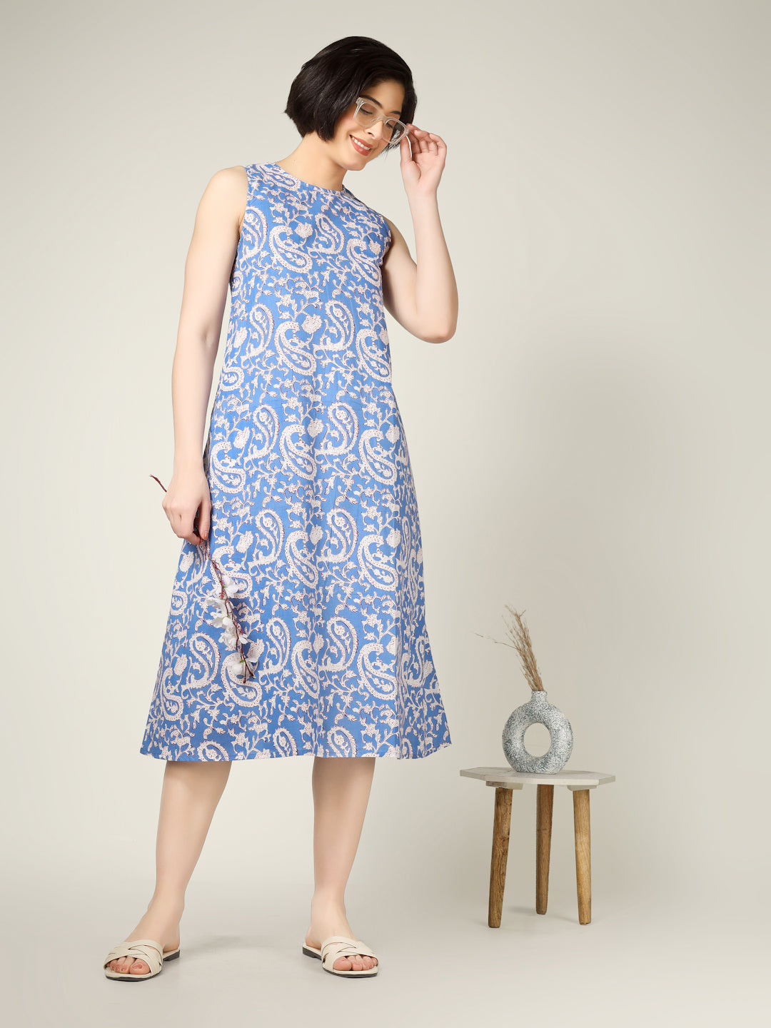 Lavender Printed Sleeveless A-Line Cotton Dress