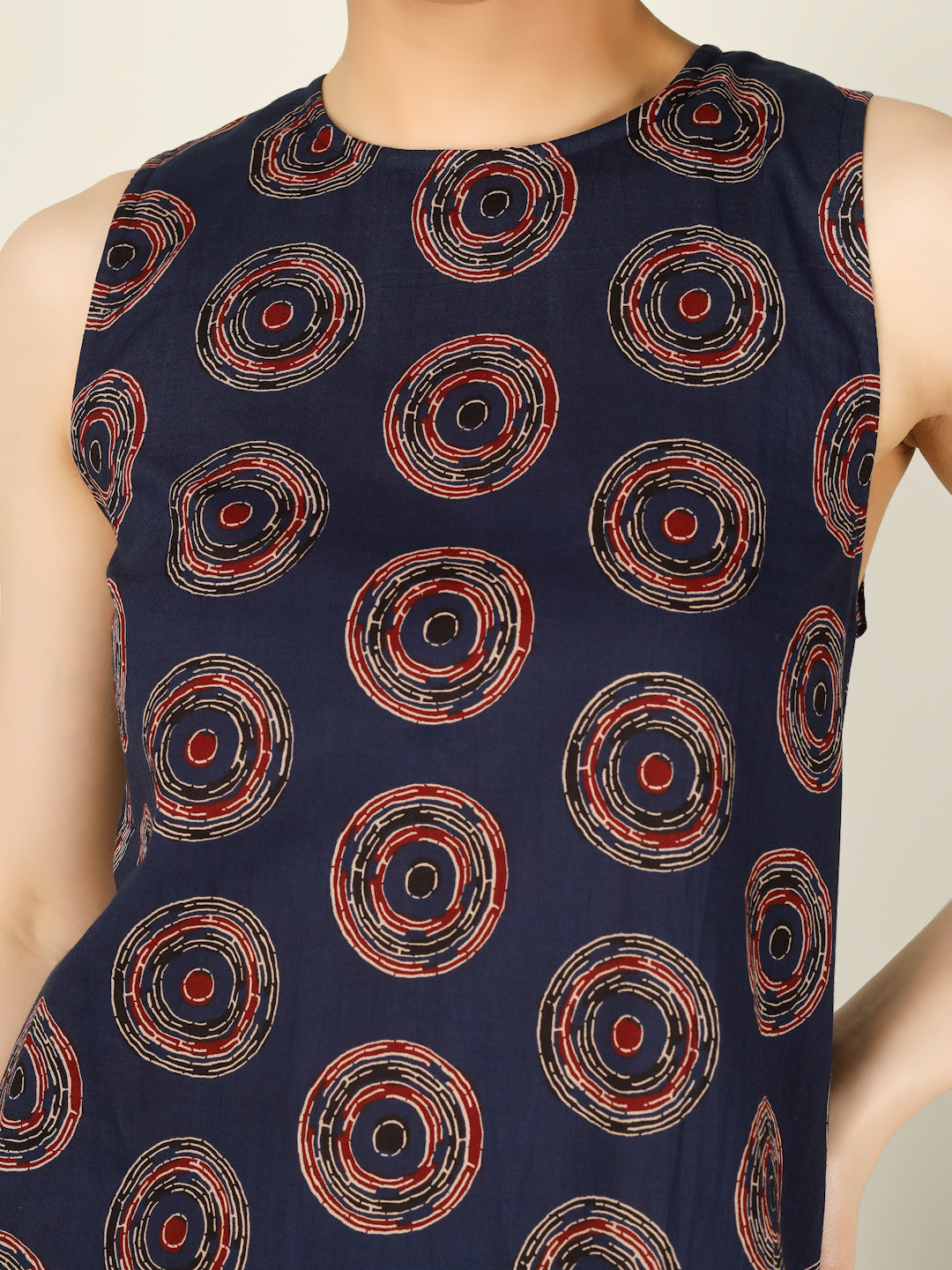 Navy Blue Printed Sleeveless A-Line Cotton Dress