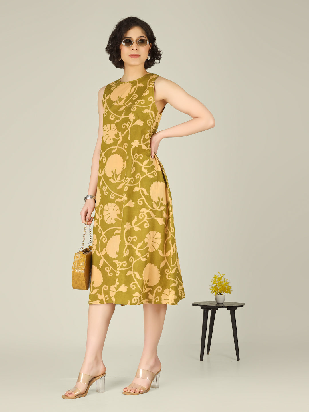 Green Printed Sleeveless A-Line Cotton Dress