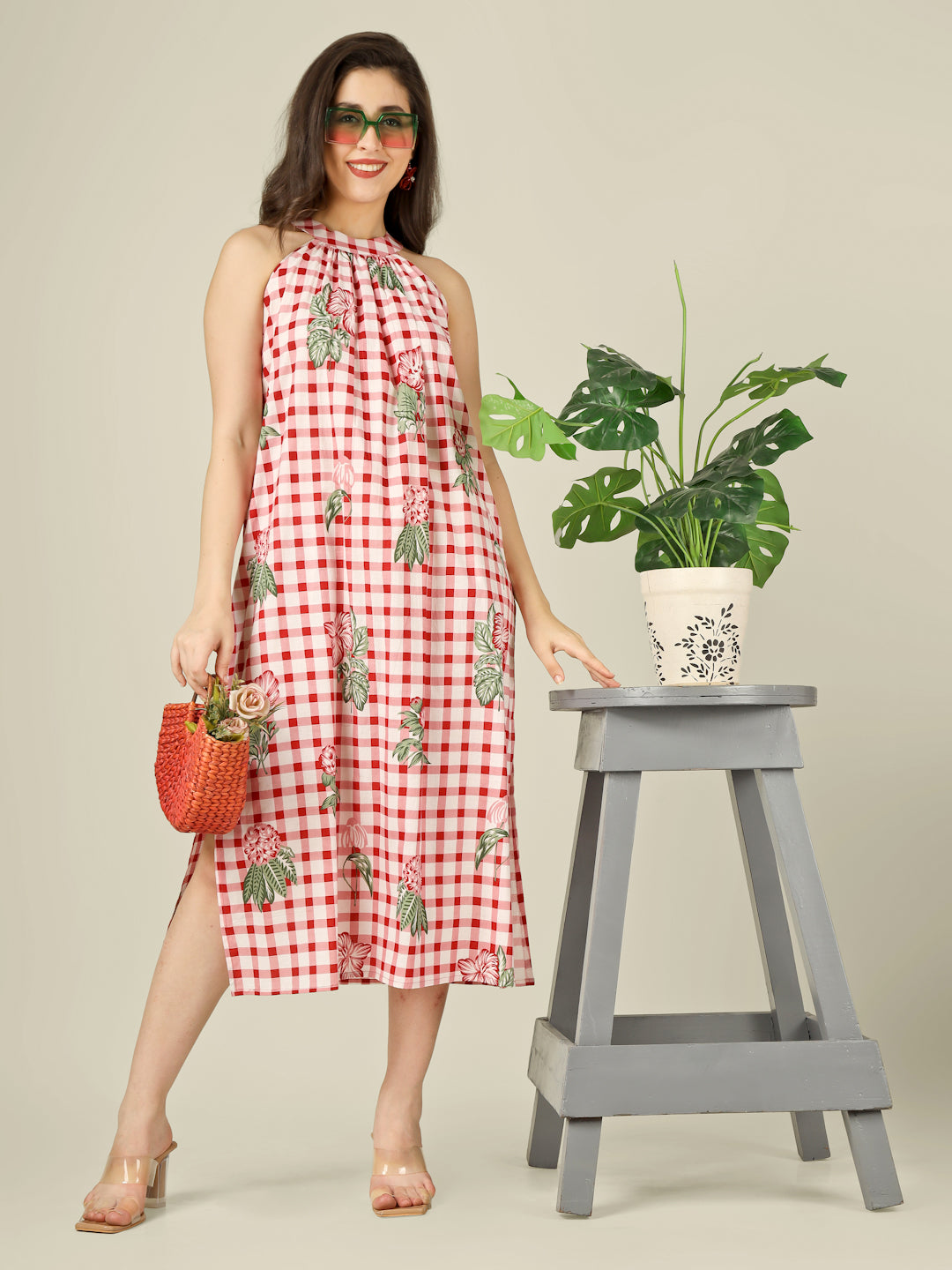 White Checked Halter Neck Long Sleeveless Cotton Dress