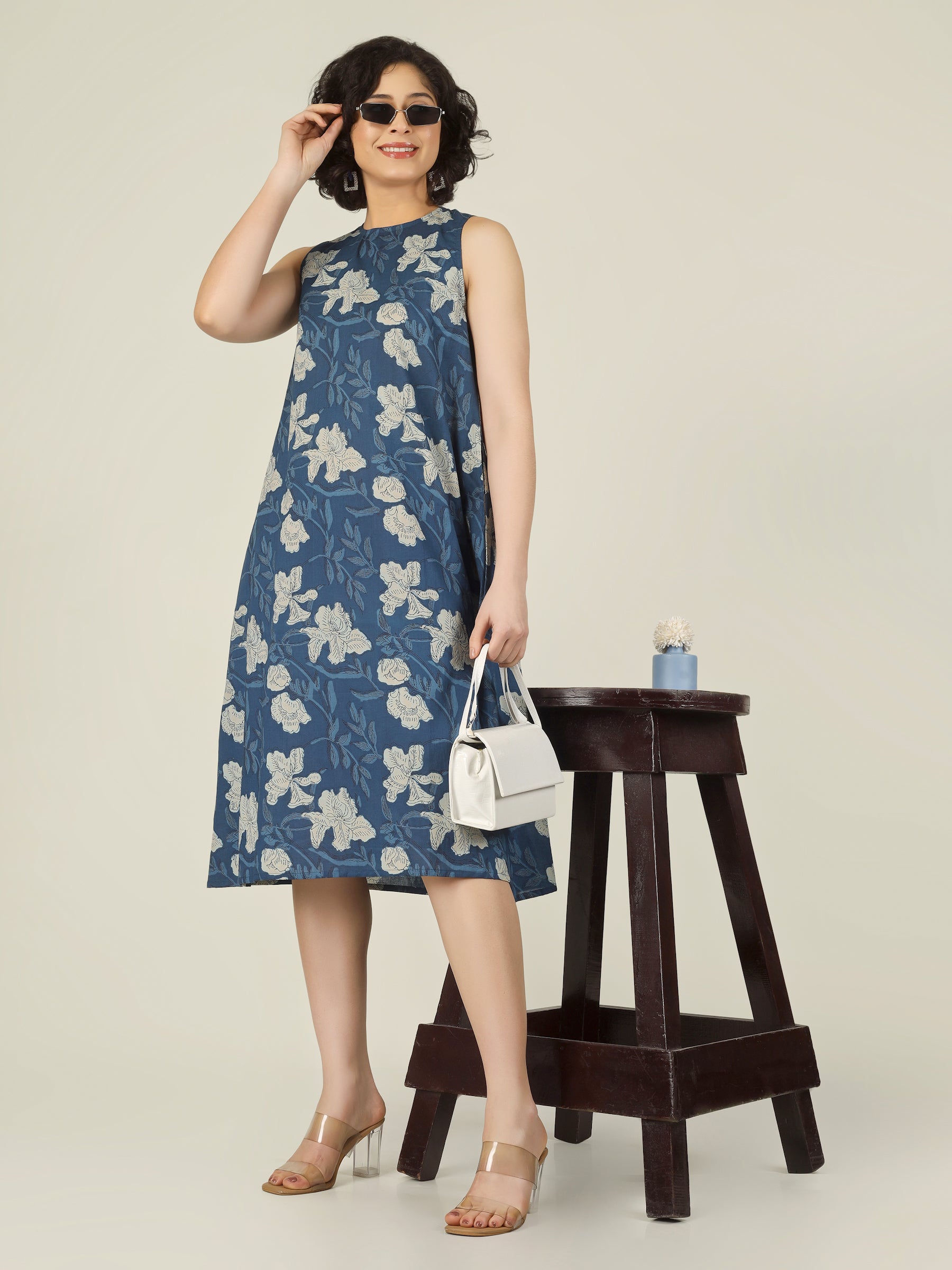 Blue Printed Sleeveless A-Line Cotton Dress