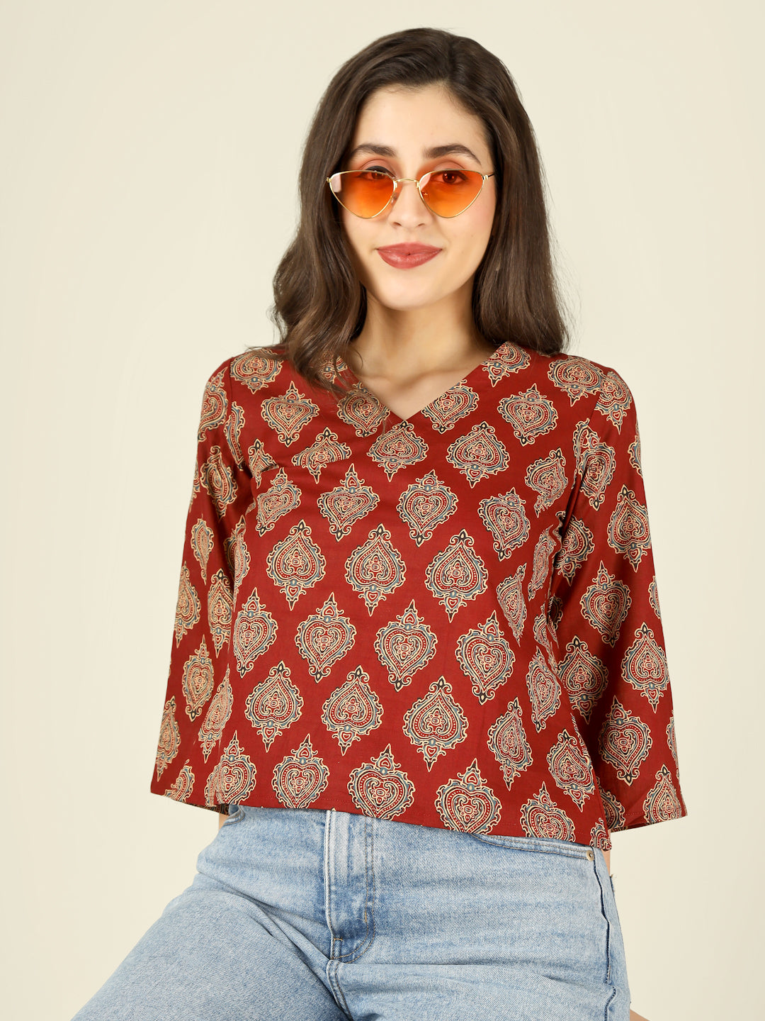 Maroon Printed Straight Bell-Sleeves Top