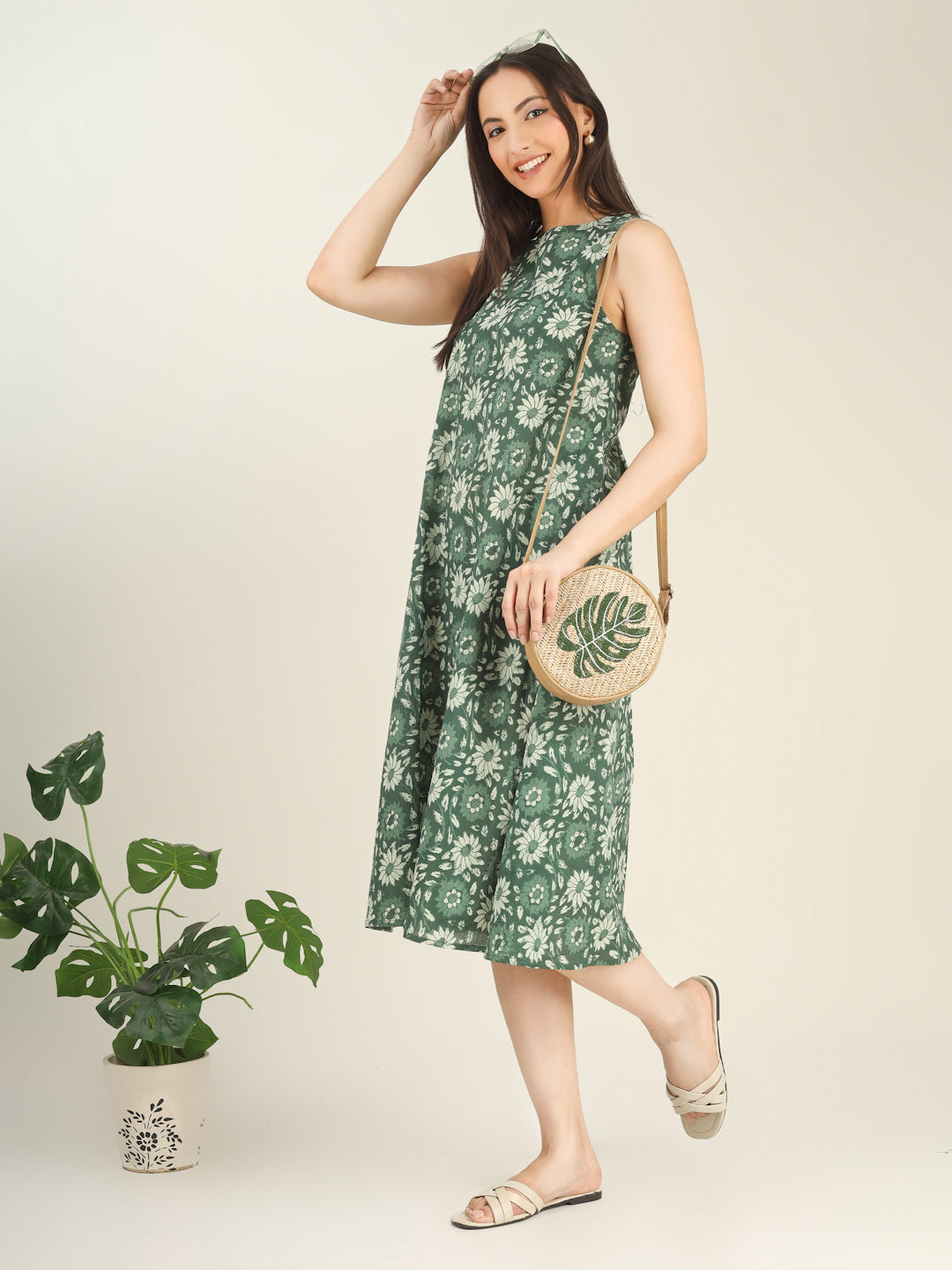 Green Printed Sleeveless A-Line Cotton Dress