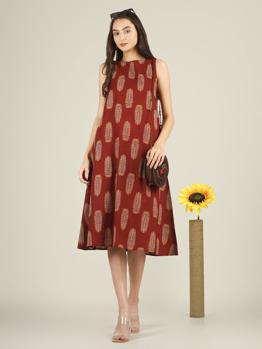 Maroon Printed Sleeveless A-Line Cotton Dress