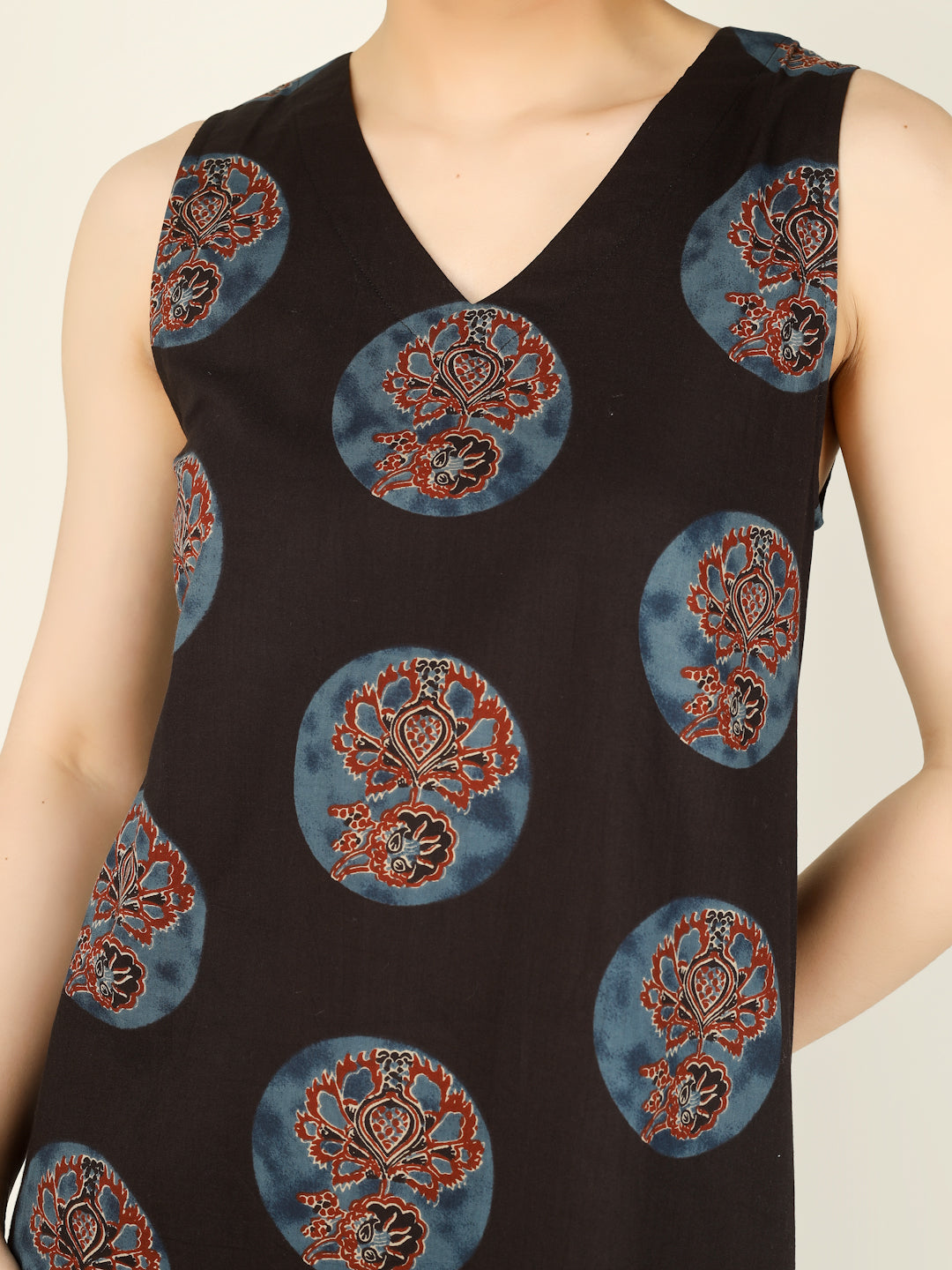 Black Printed Sleeveless V-Neck A-Line Cotton Dress