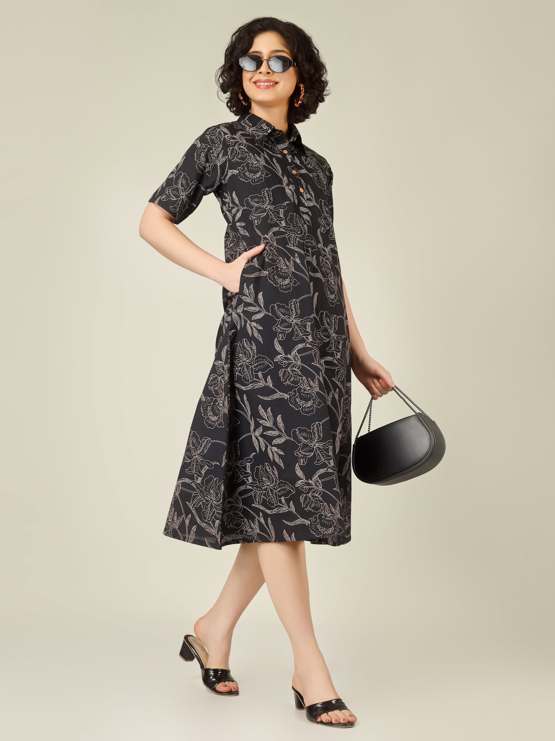 Black Printed A-Line Cotton Shirt Dress