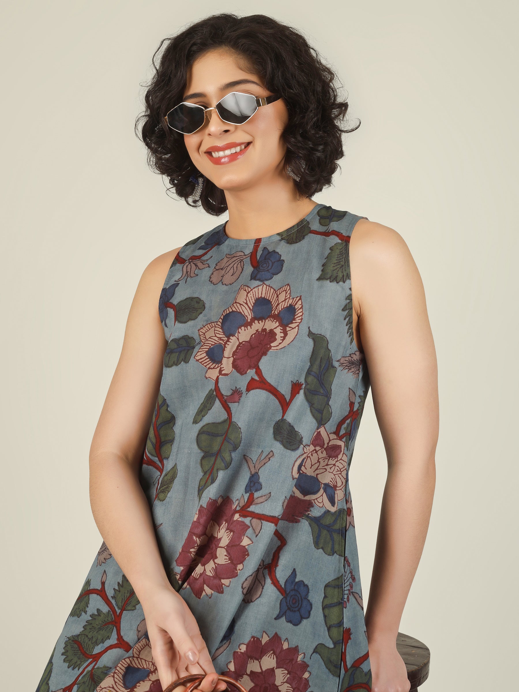 Slate Blue Printed Sleeveless A-Line Cotton Dress