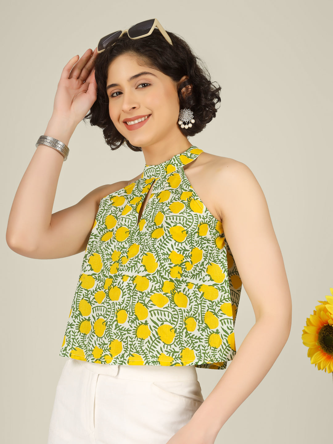 White Printed Halter Neck Sleeveless Cotton Top