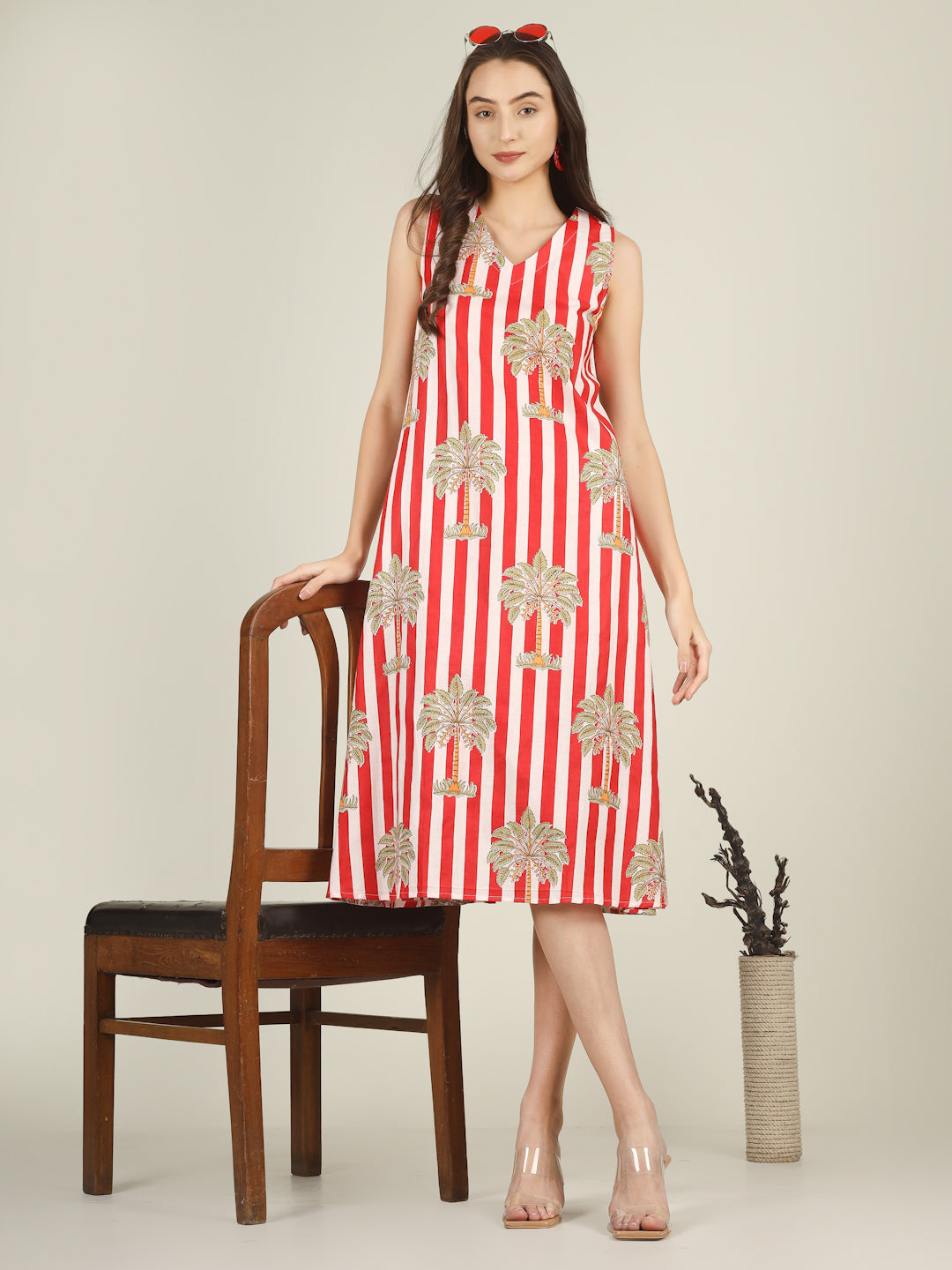 Red Striped V-Neck Sleeveless A-Line Cotton Dress