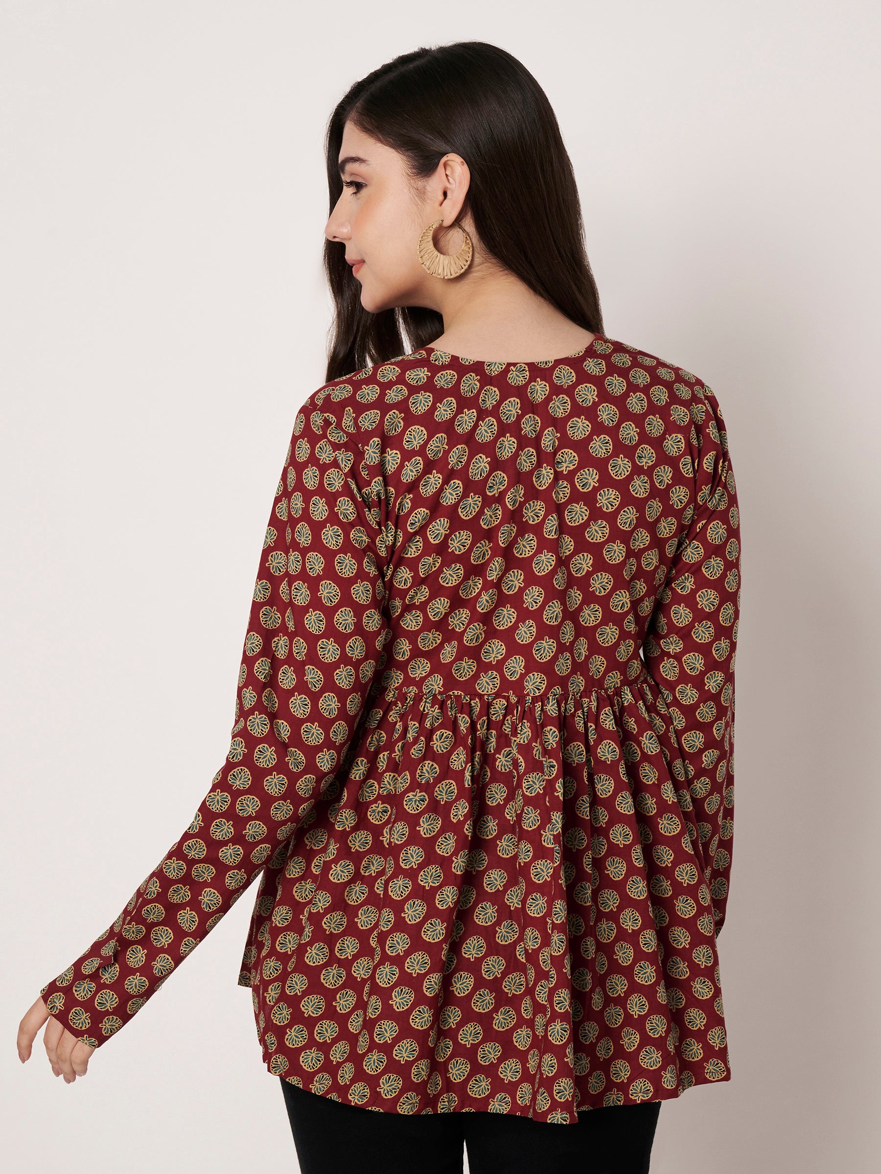 Maroon Printed Alia-Cut Cotton Top