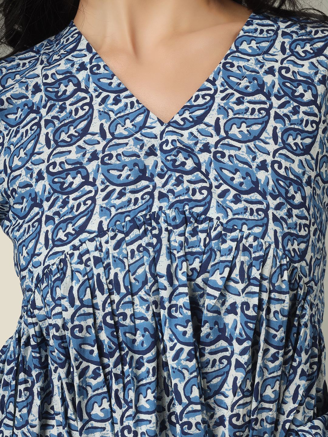Blue Printed Alia-Cut Cotton Peplum Top