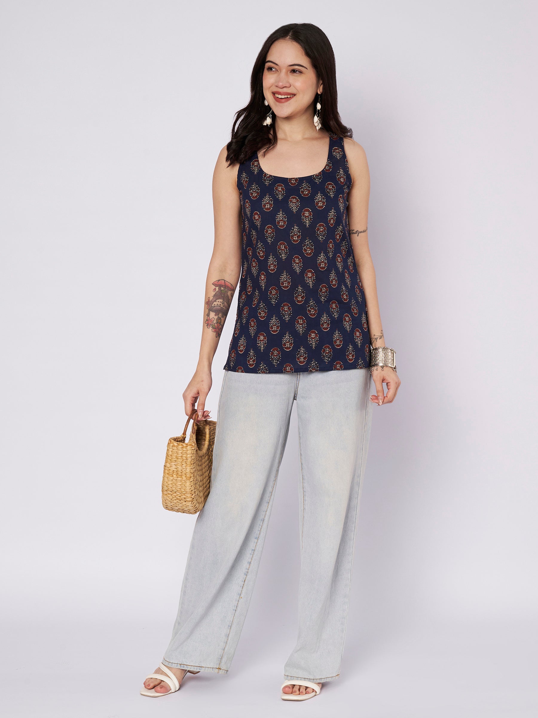 Navy Blue Printed Sleeveless Cotton Top
