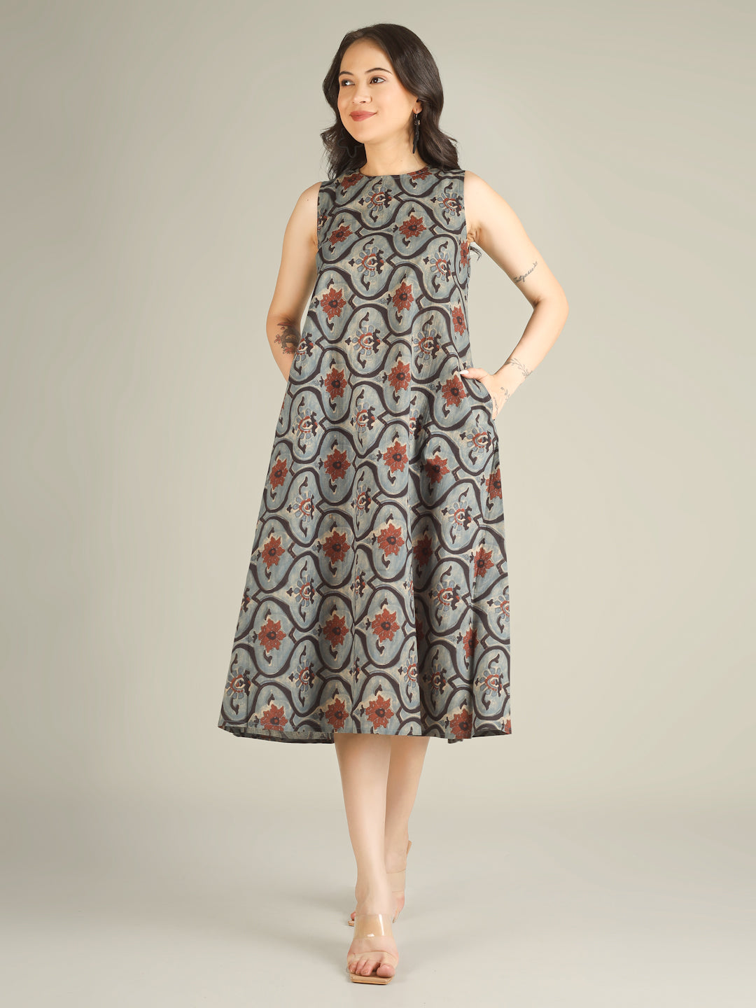 Dusty Blue Printed Sleeveless A-Line Cotton Dress