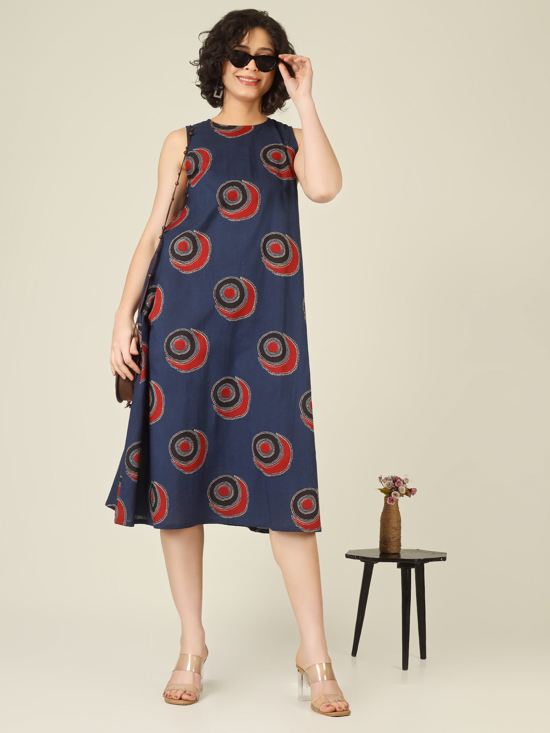 Blue Printed Sleeveless A-Line Cotton Dress