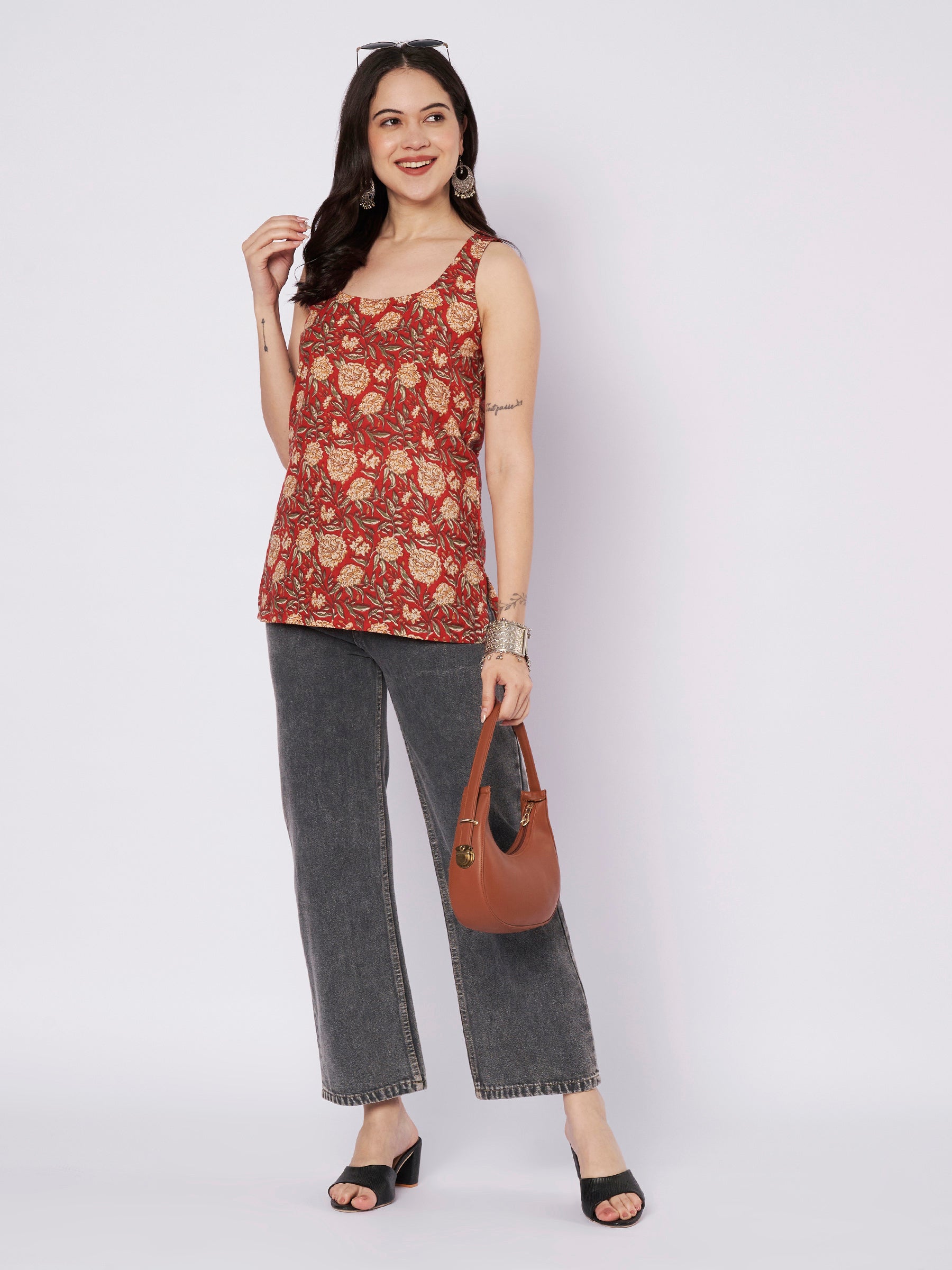 Maroon Printed Sleeveless Cotton Top