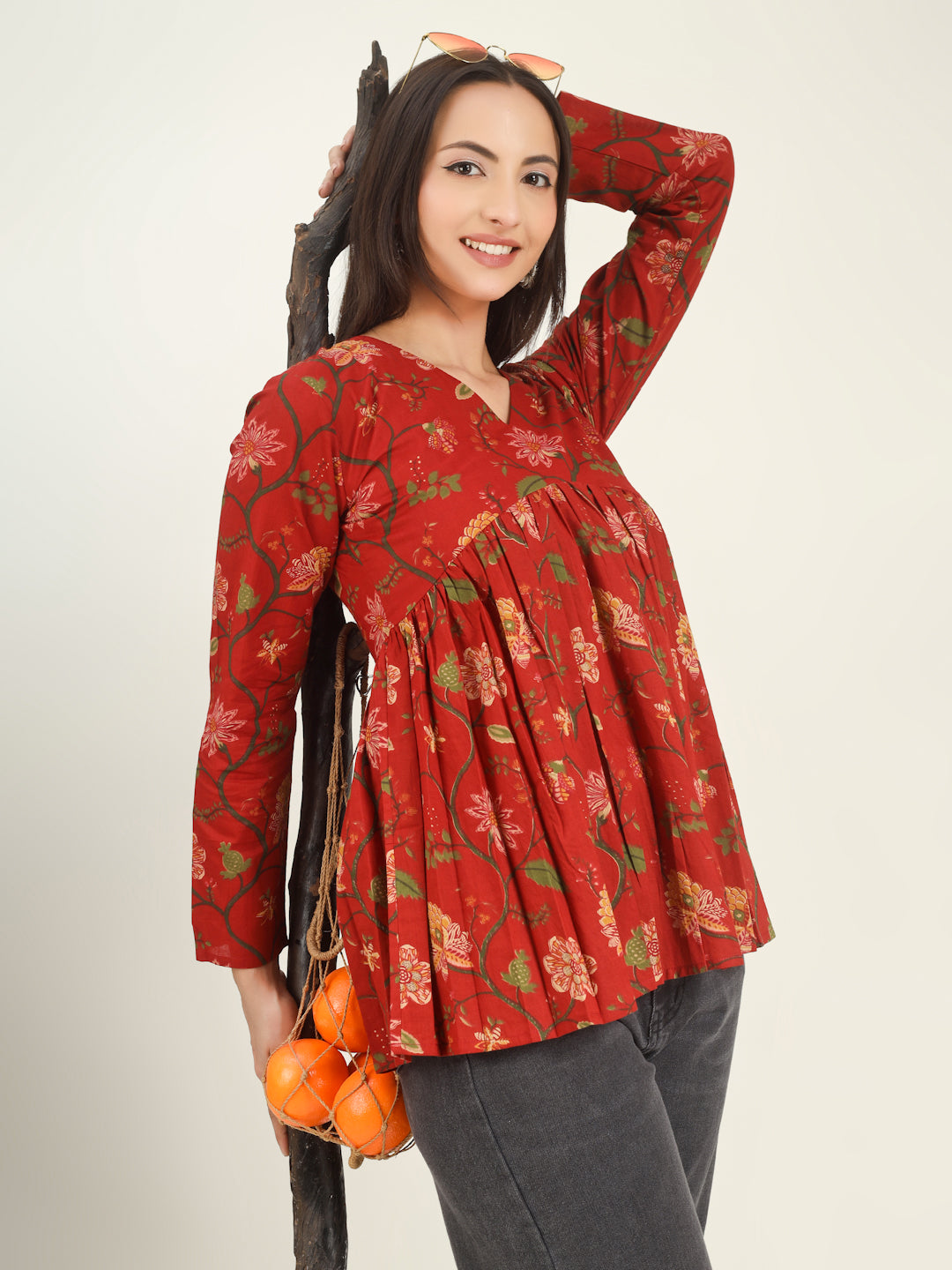 Red Printed Full-Sleeves Alia-Cut Cotton Top