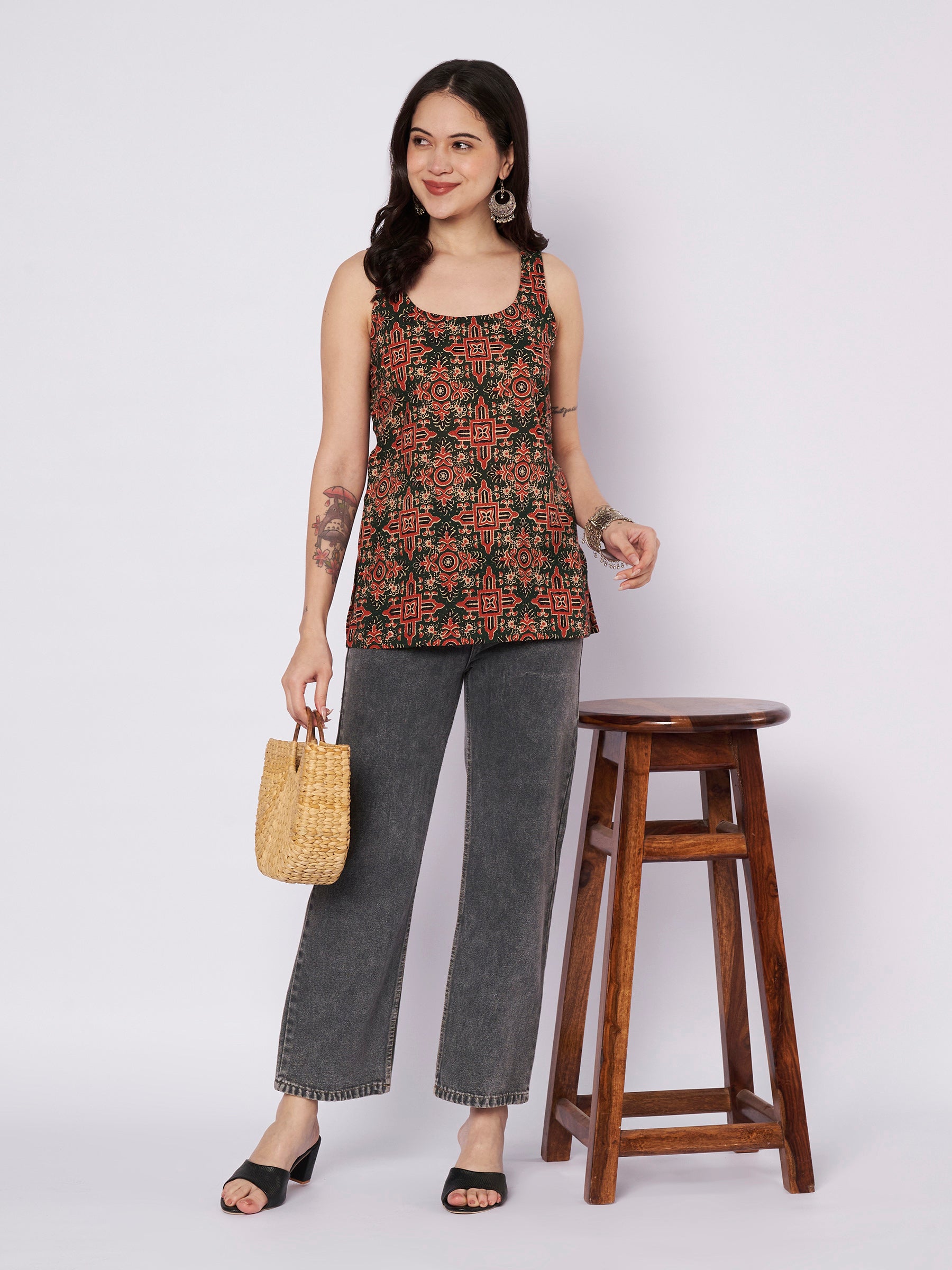 Dark Green Printed Sleeveless Cotton Top