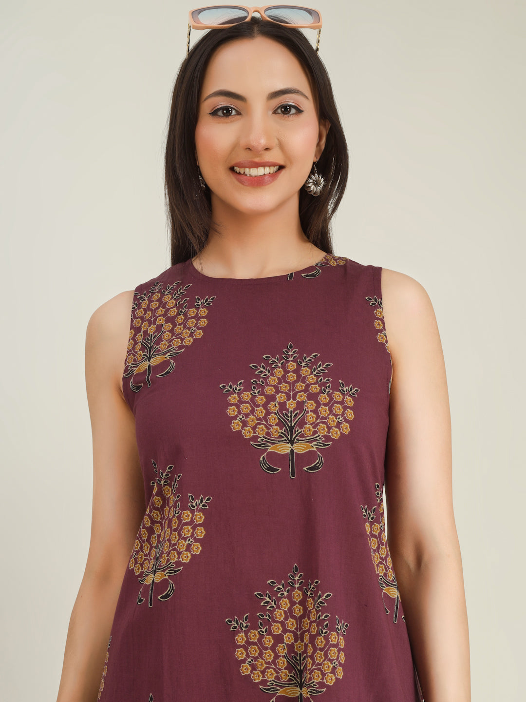 Purple Printed Sleeveless A-Line Cotton Dress