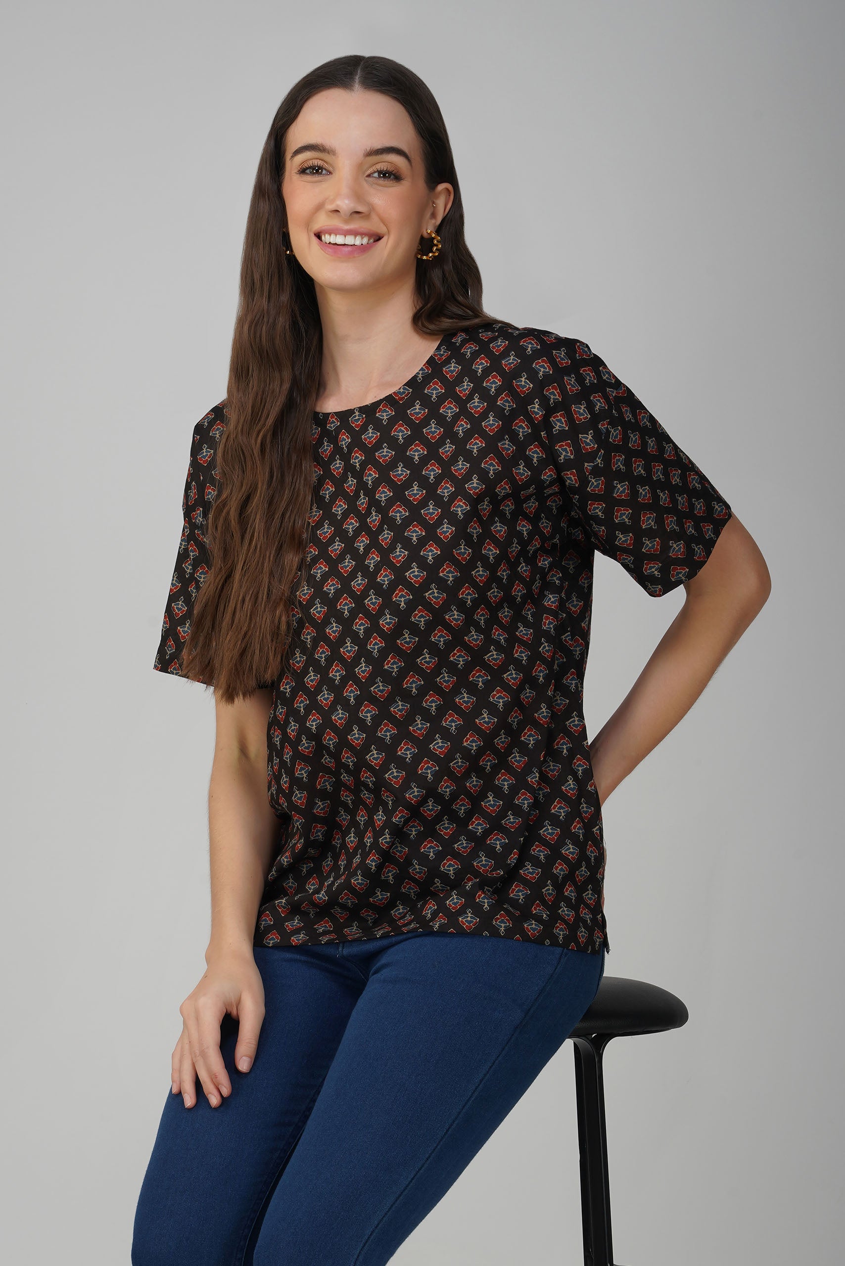 Black Printed Cotton Box Top