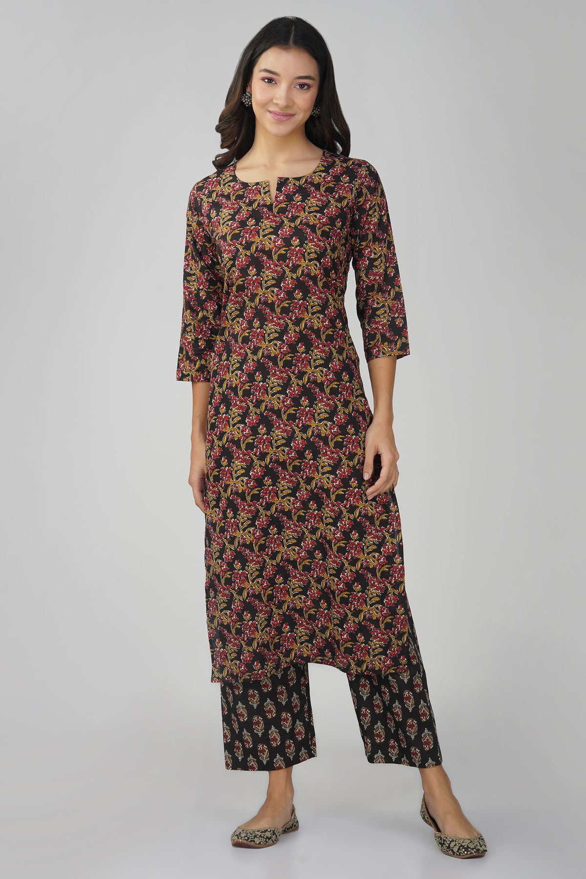 Black Printed Round V-Neck Cotton Kurta Set