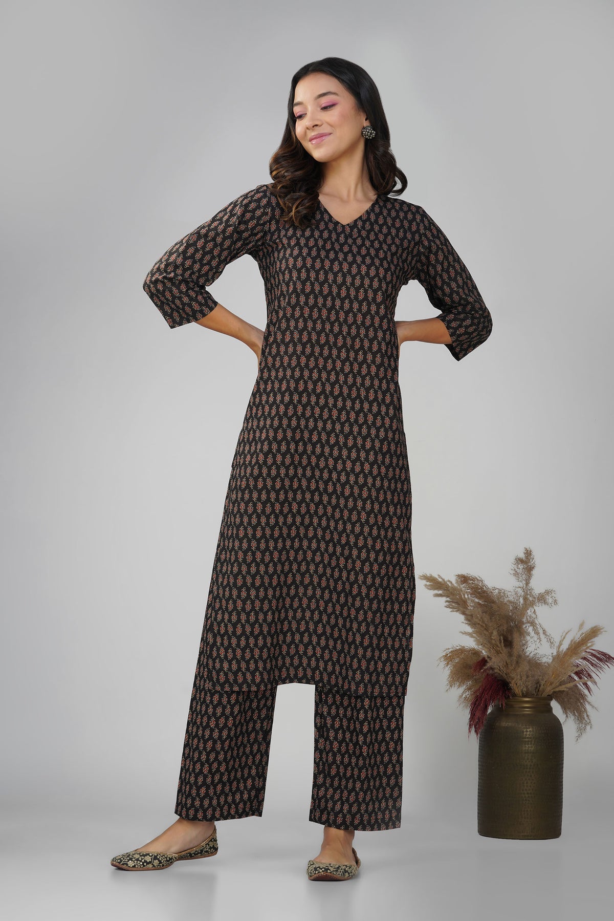 Black Printed V-Neck Cotton Kurta Set