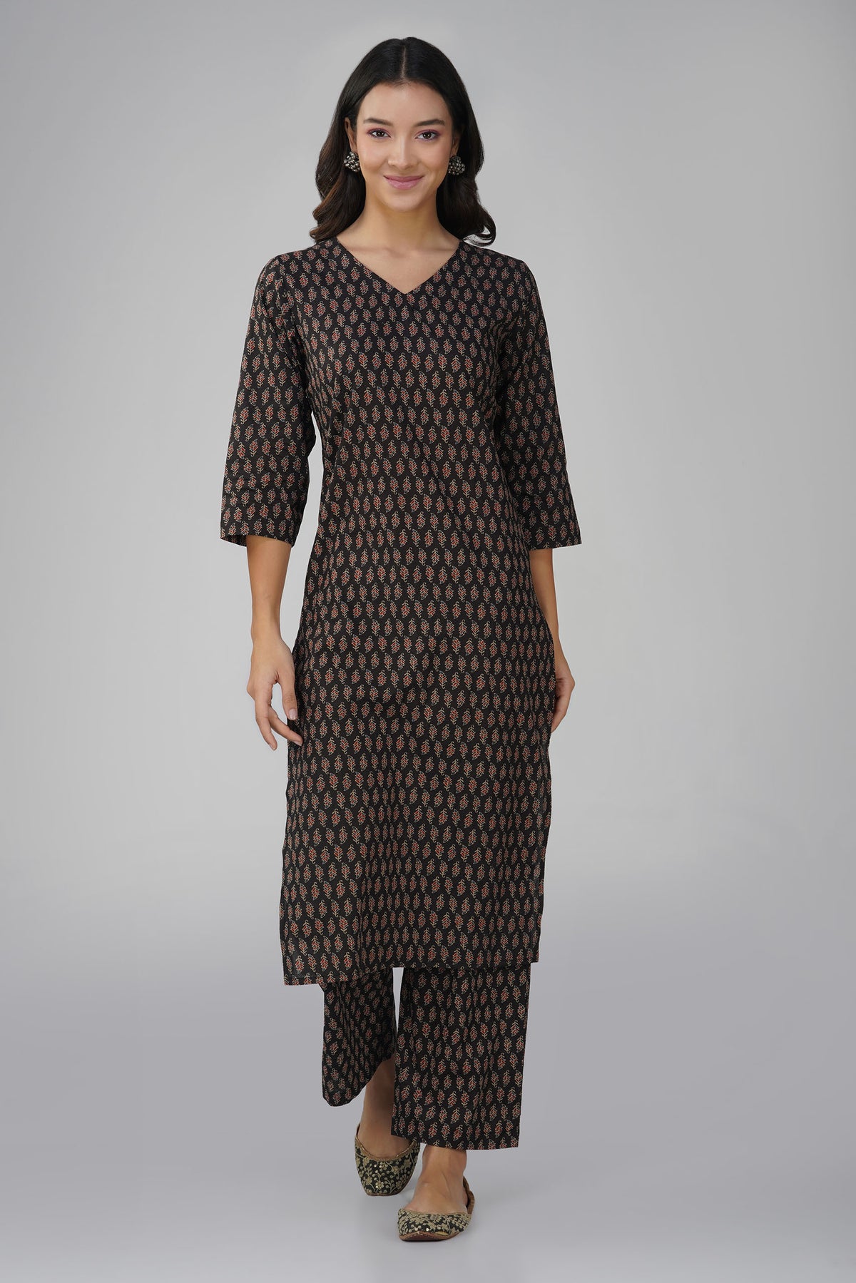 Black Printed V-Neck Cotton Kurta Set