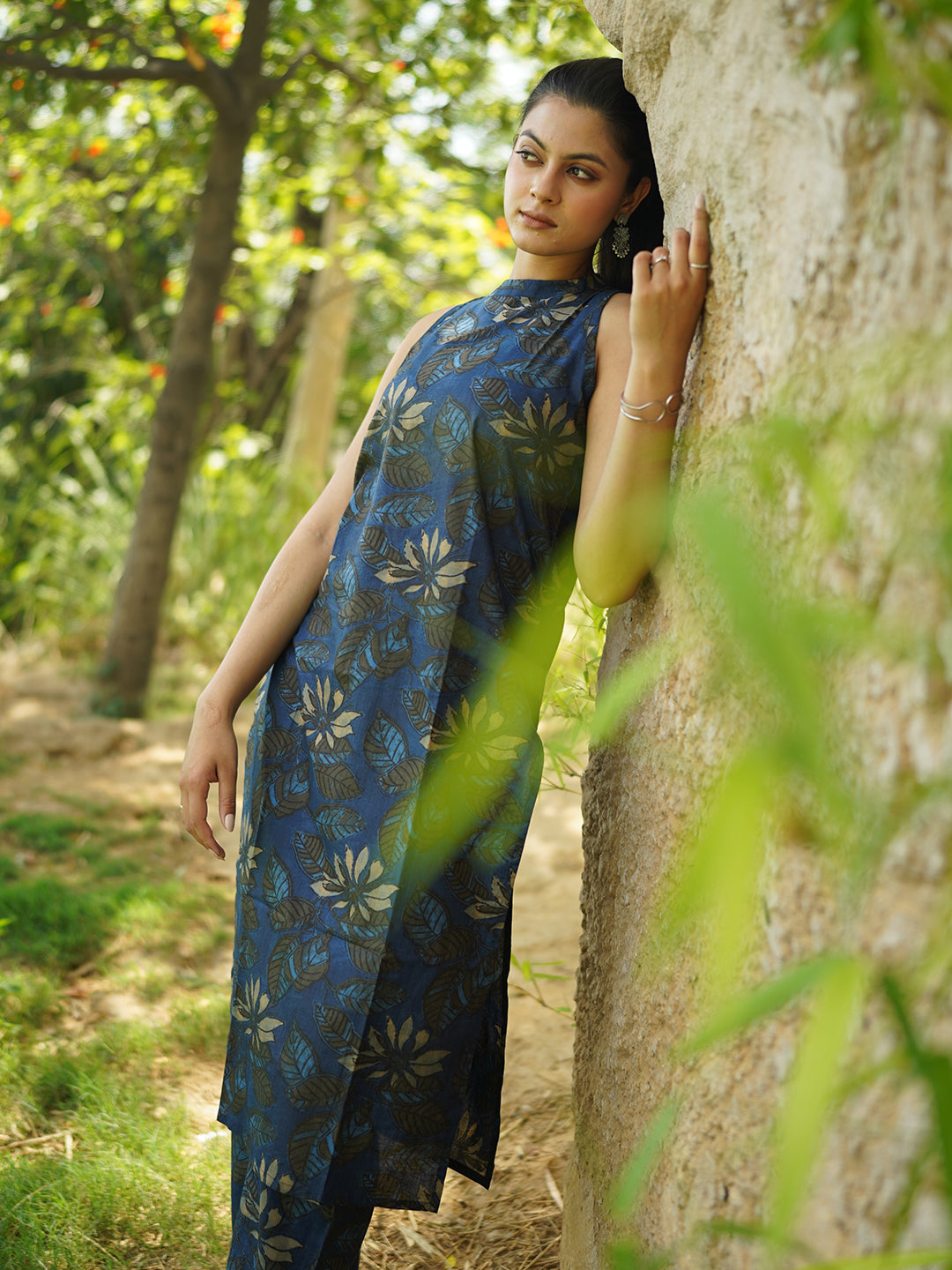 Blue Printed Sleeveless Cotton Kurta Set