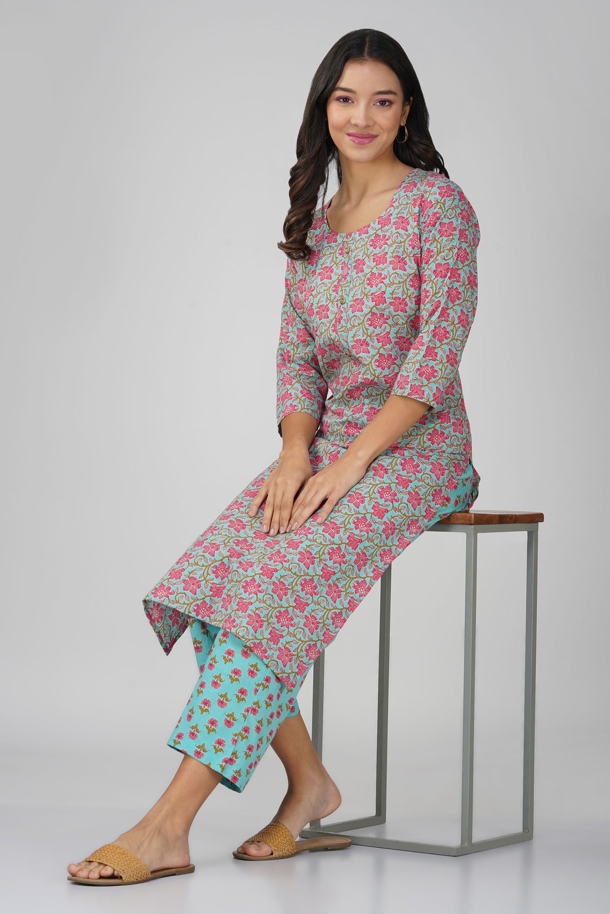 Blue Printed Round Neck Cotton Kurta Set