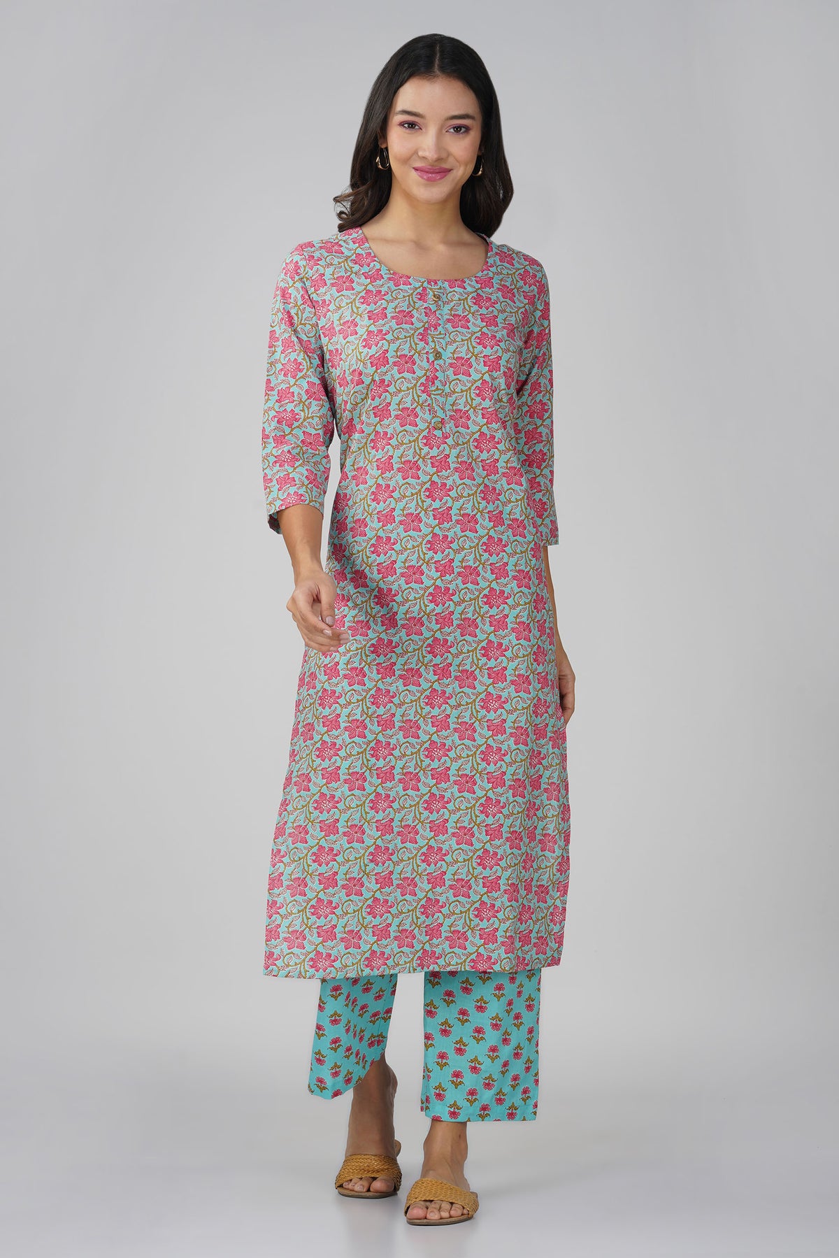 Blue Printed Round Neck Cotton Kurta Set