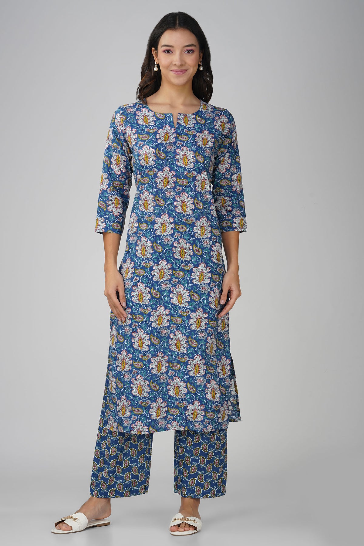 Blue Printed Round V-Neck Cotton Kurta Set