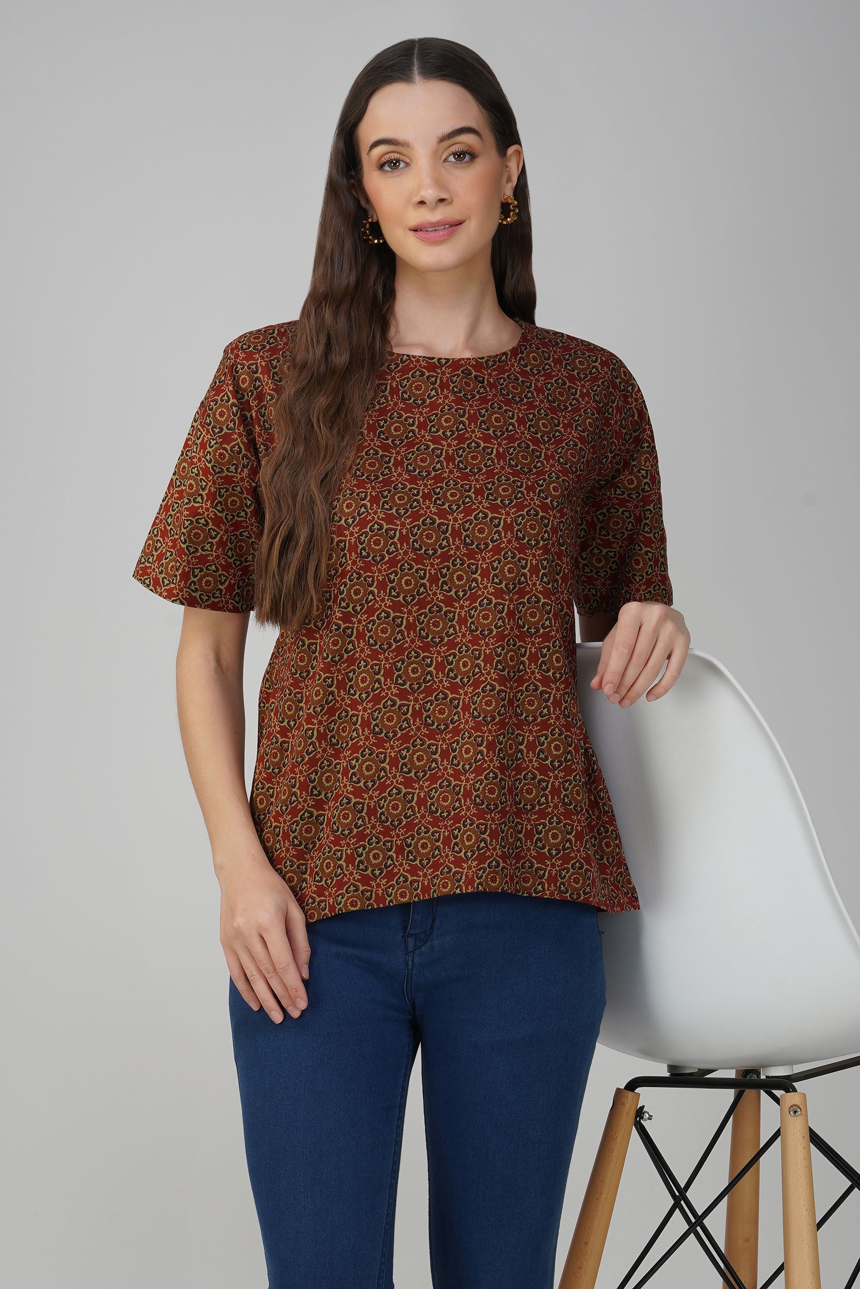 Brown Printed Cotton Box Top