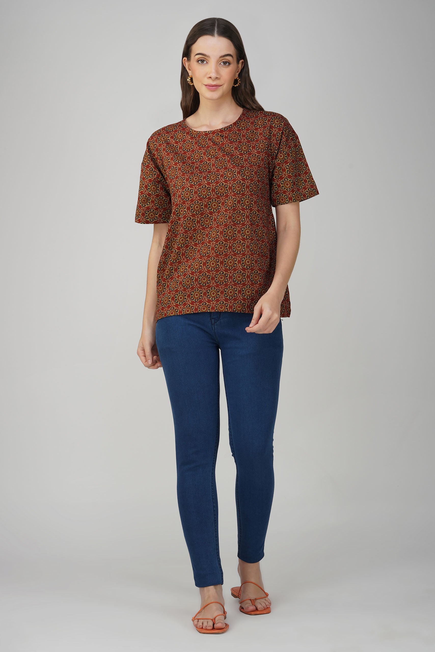 Brown Printed Cotton Box Top