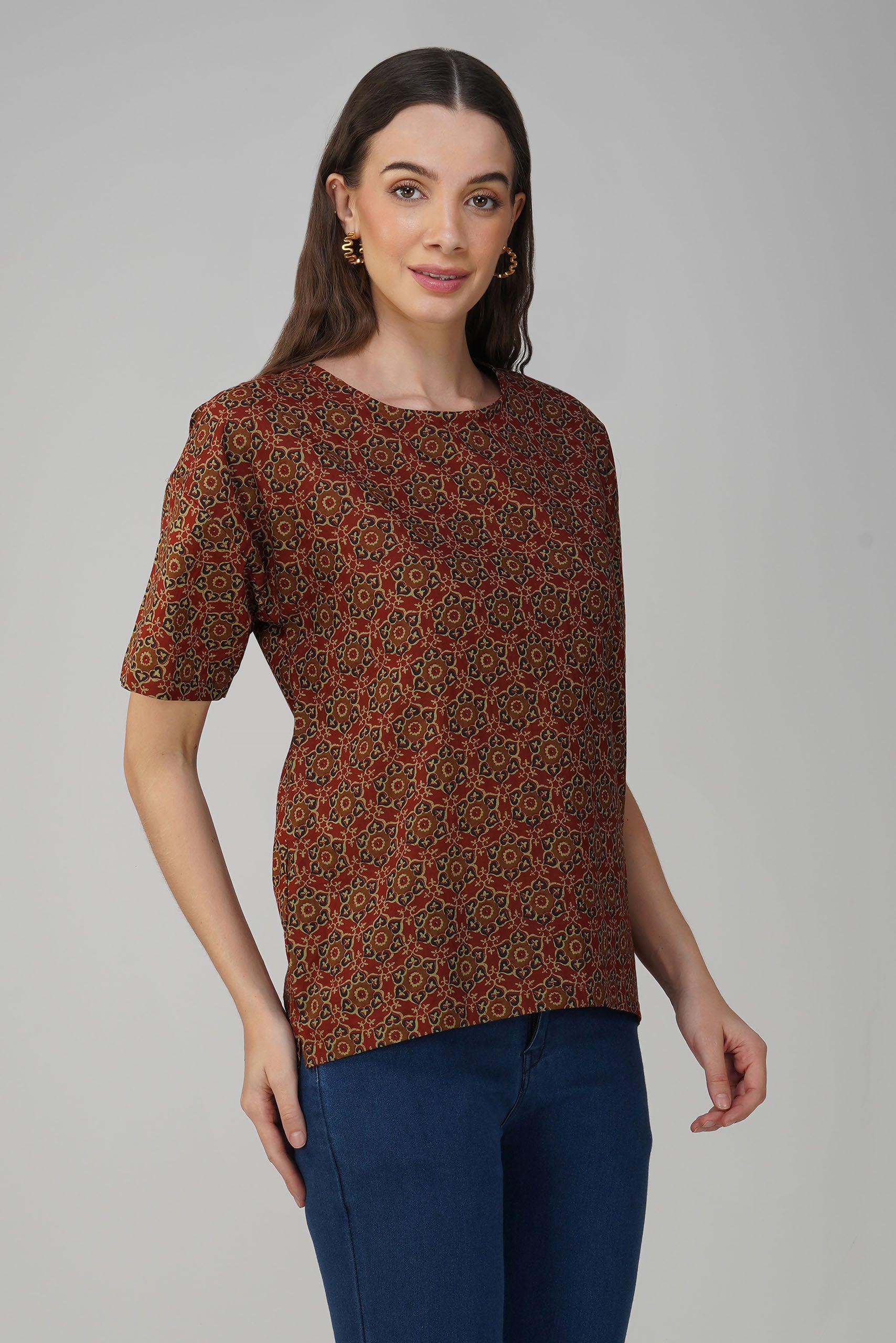 Brown Printed Cotton Box Top