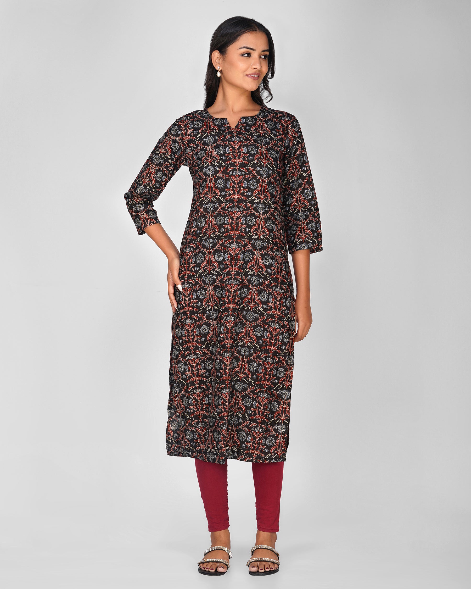 Black Printed Round-V Neck Cotton Kurti