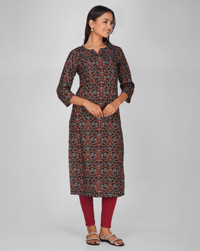 Black Printed Round-V Neck Cotton Kurti