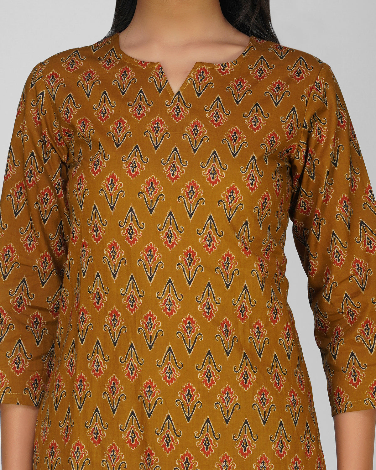 Mustard Printed Round-V Neck Cotton Kurti