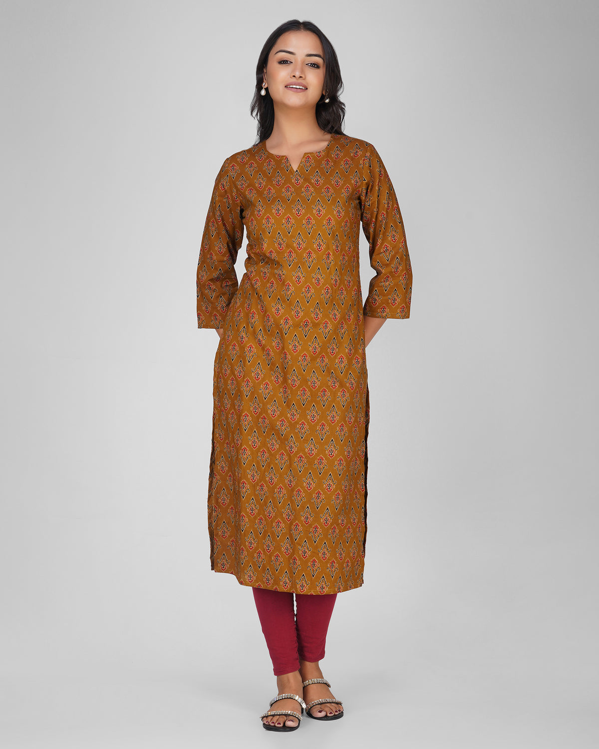 Mustard Printed Round-V Neck Cotton Kurti