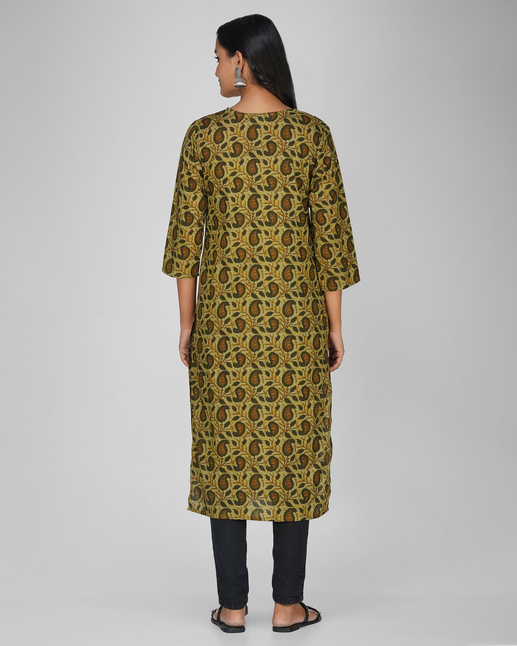 Green Printed Round-V Neck Cotton Kurti