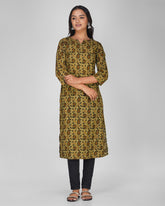 Green Printed Round-V Neck Cotton Kurti