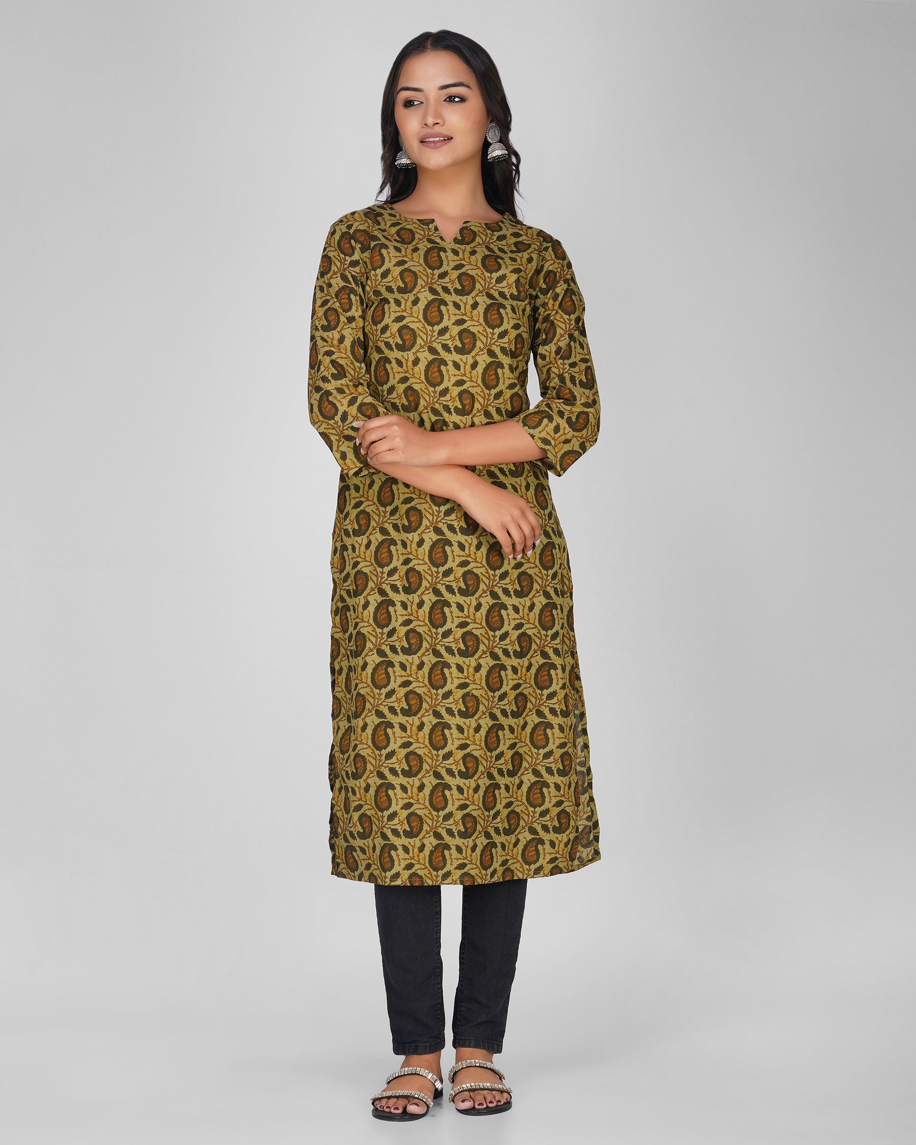 Green Printed Round-V Neck Cotton Kurti