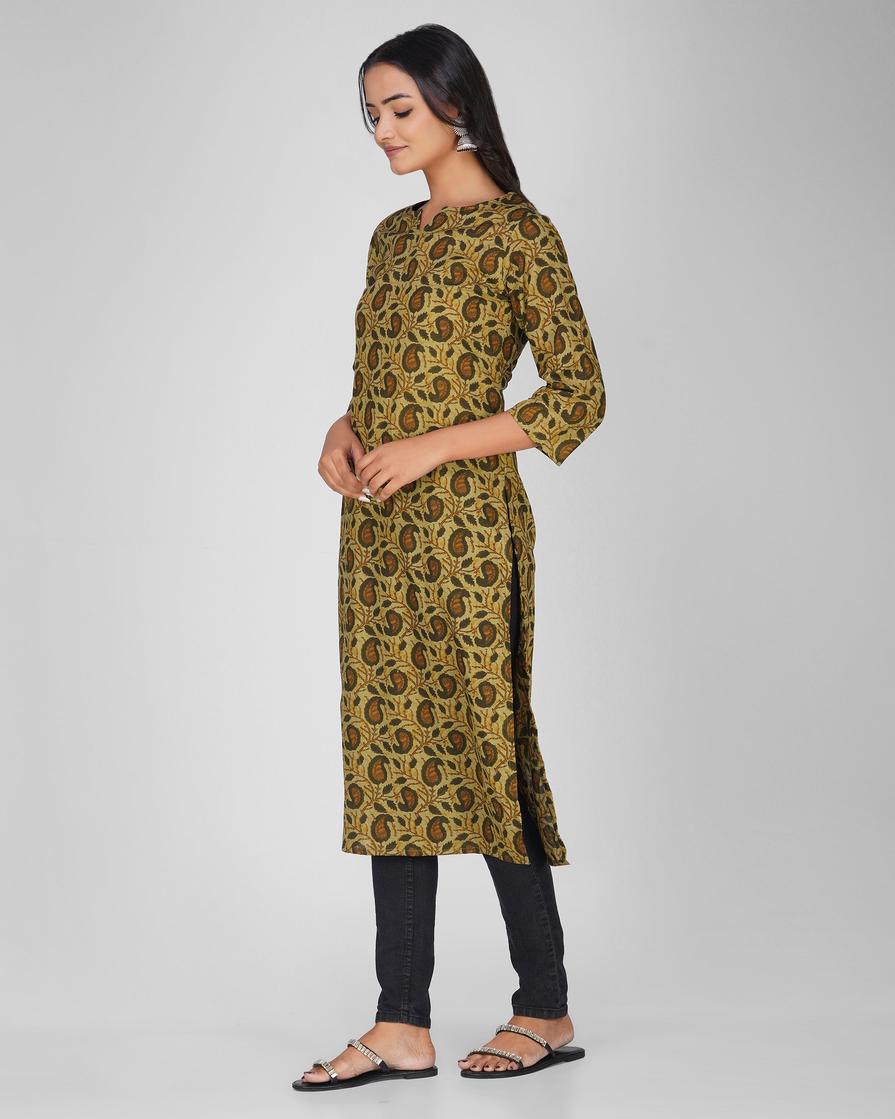 Green Printed Round-V Neck Cotton Kurti