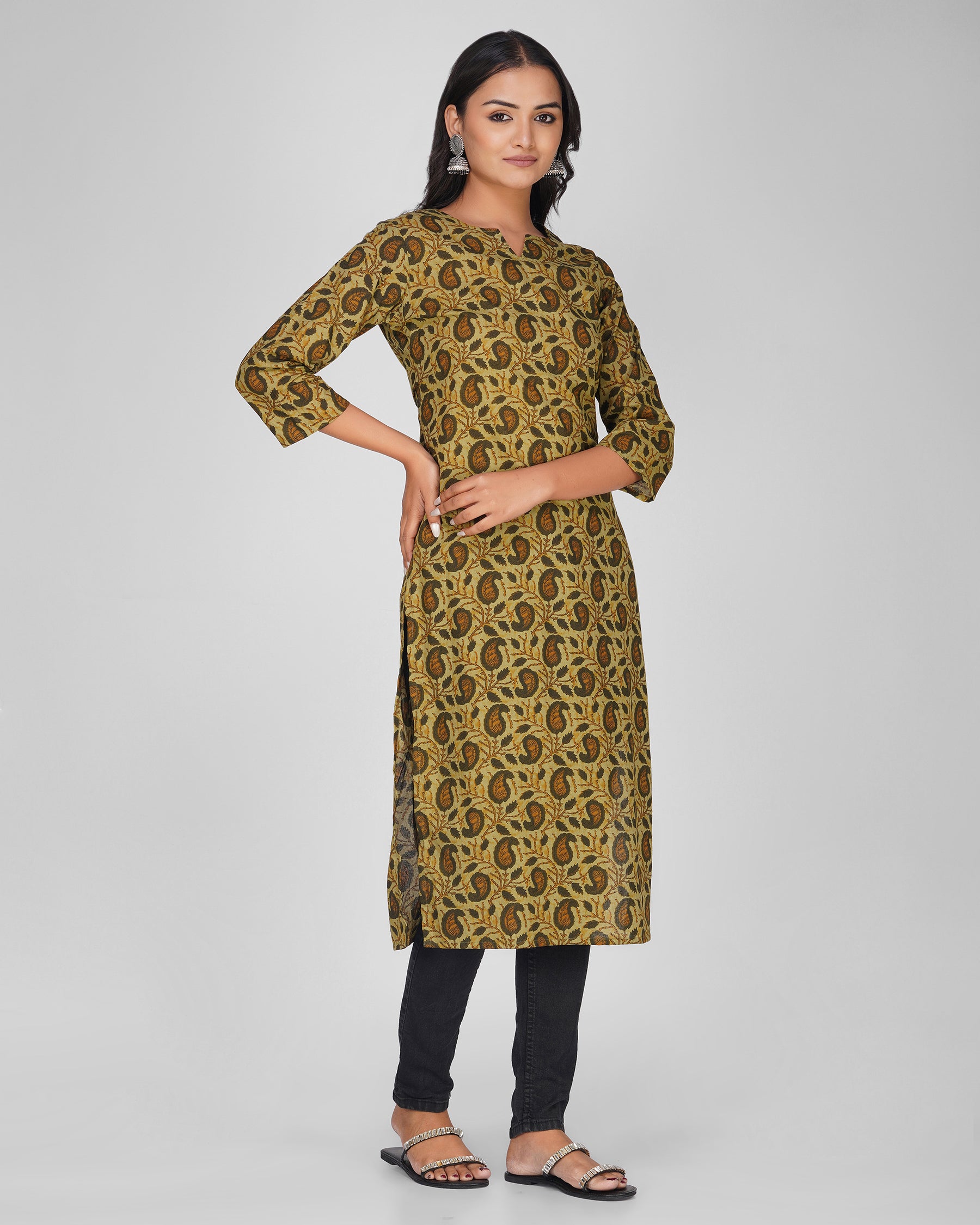 Green Printed Round-V Neck Cotton Kurti