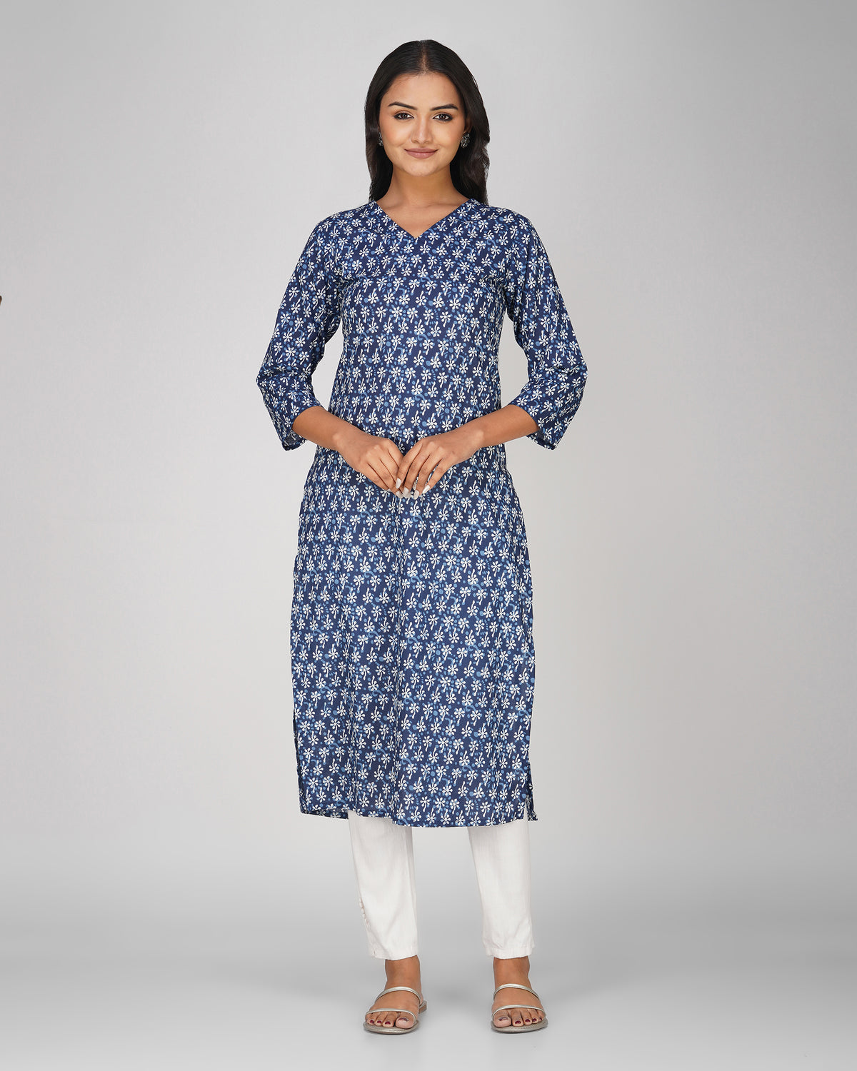 Blue Printed V-Neck Cotton Kurti