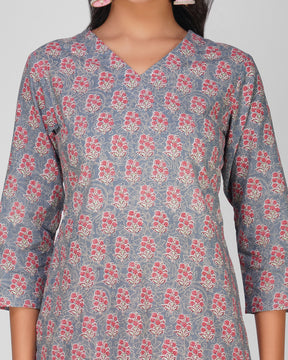 Steel Blue Printed V-Neck Cotton Kurti