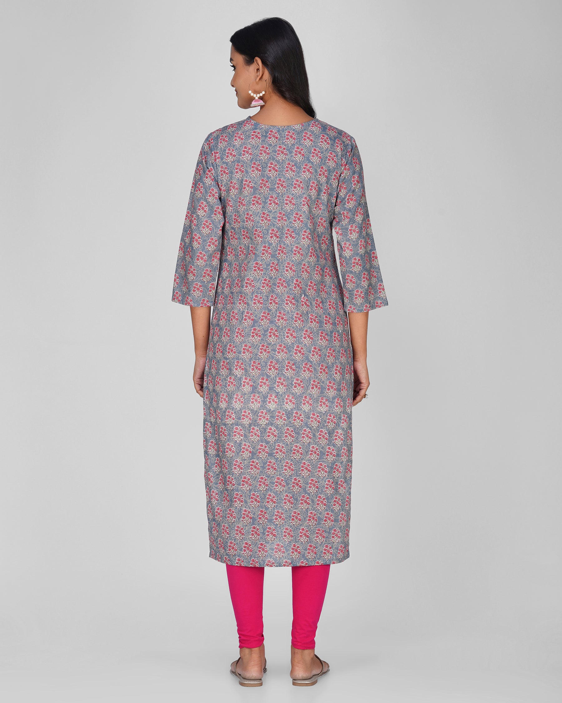 Steel Blue Printed V-Neck Cotton Kurti