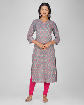 Steel Blue Printed V-Neck Cotton Kurti