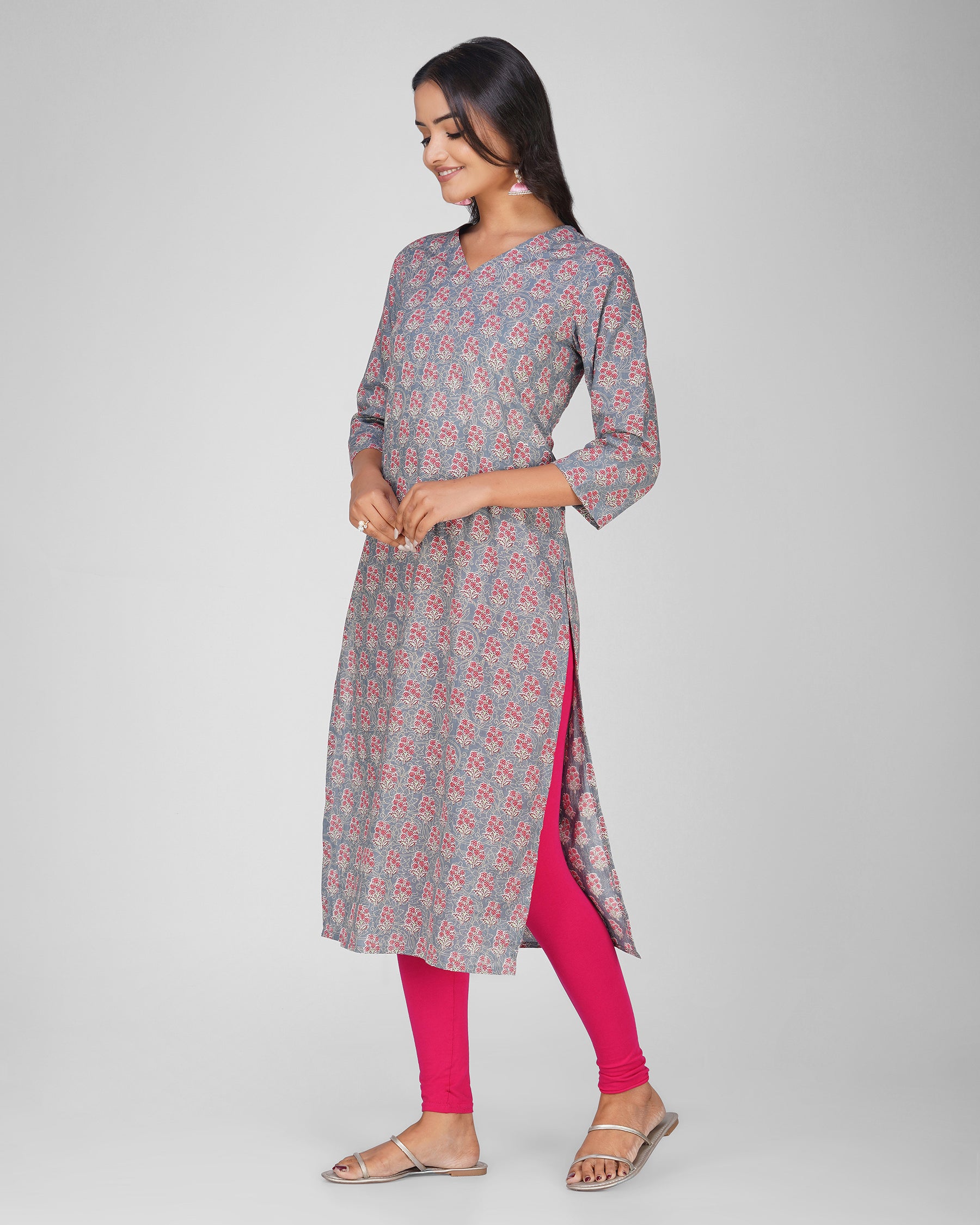 Steel Blue Printed V-Neck Cotton Kurti