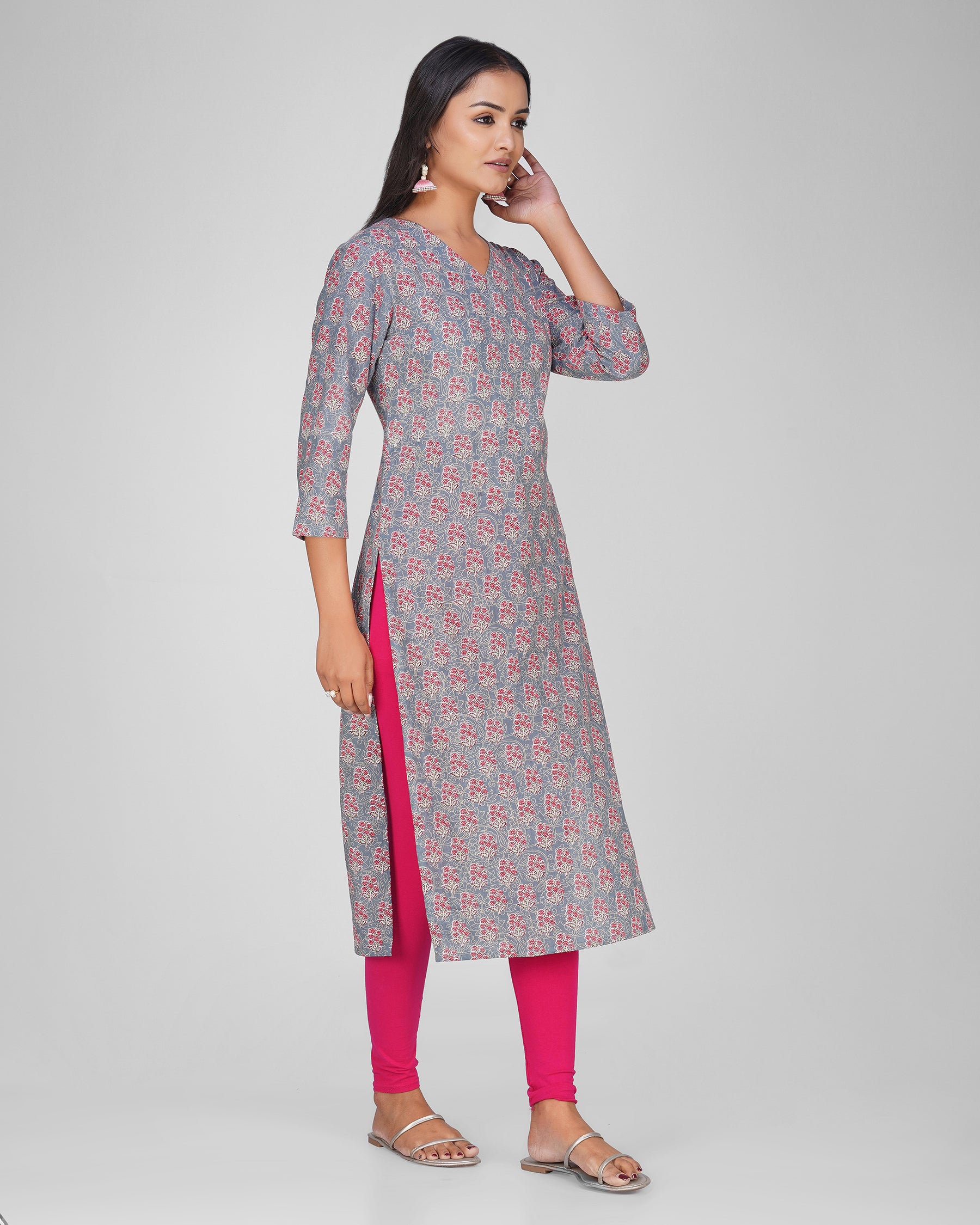 Steel Blue Printed V-Neck Cotton Kurti